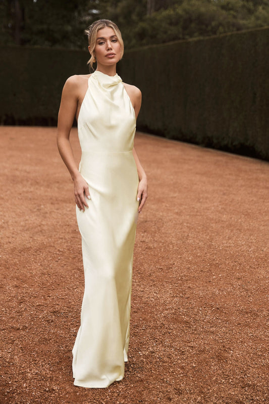 Robe longue satinée irisée à col montant Esther - Sorbet citron