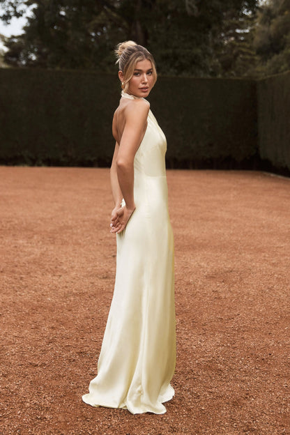 Robe longue satinée irisée à col montant Esther - Sorbet citron