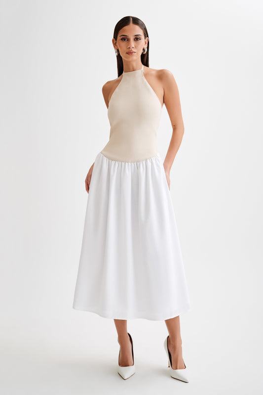 Robe midi en jersey et lin Katie - Naturel/Blanc