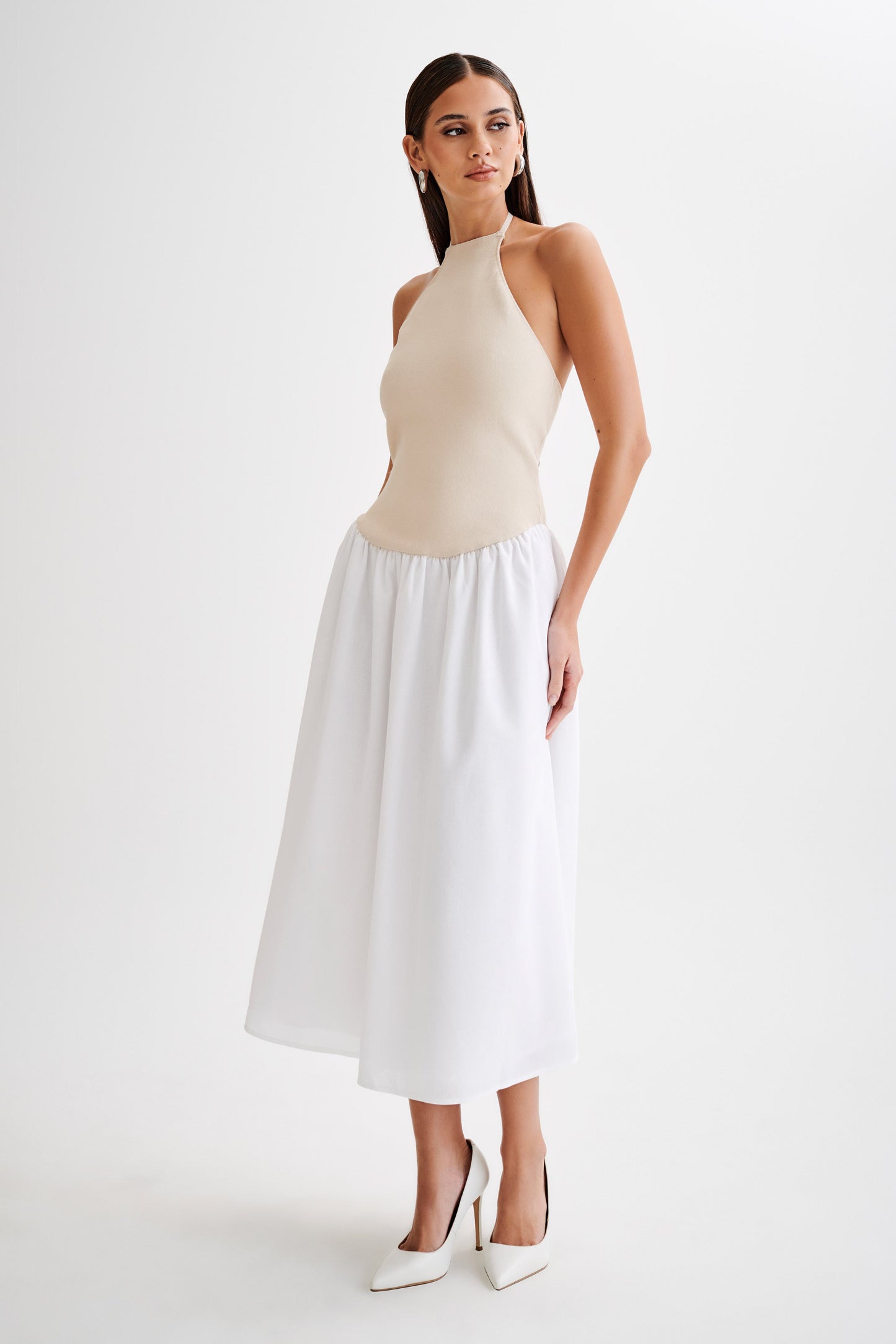 Robe midi en jersey et lin Katie - Naturel/Blanc