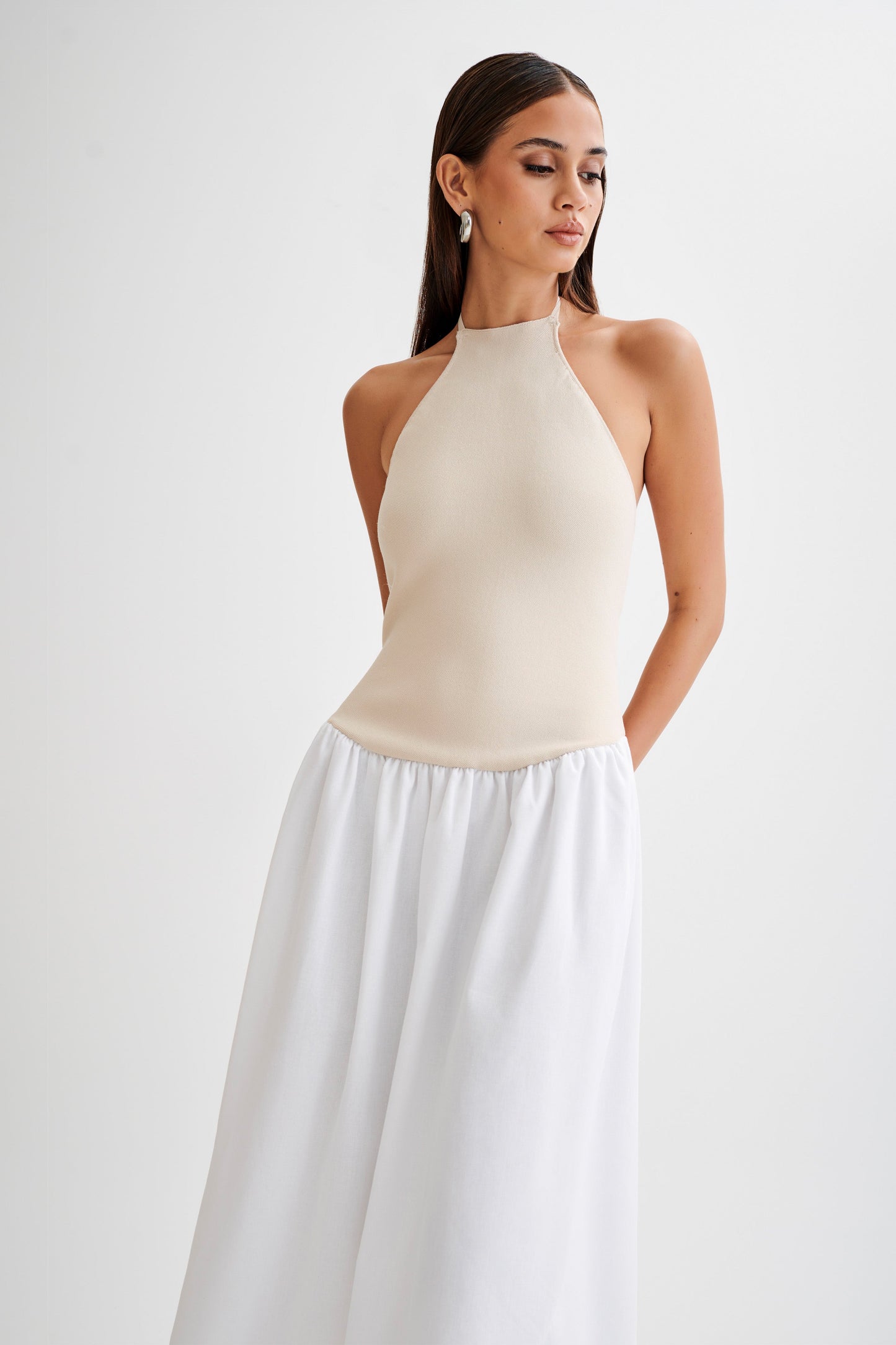 Robe midi en jersey et lin Katie - Naturel/Blanc