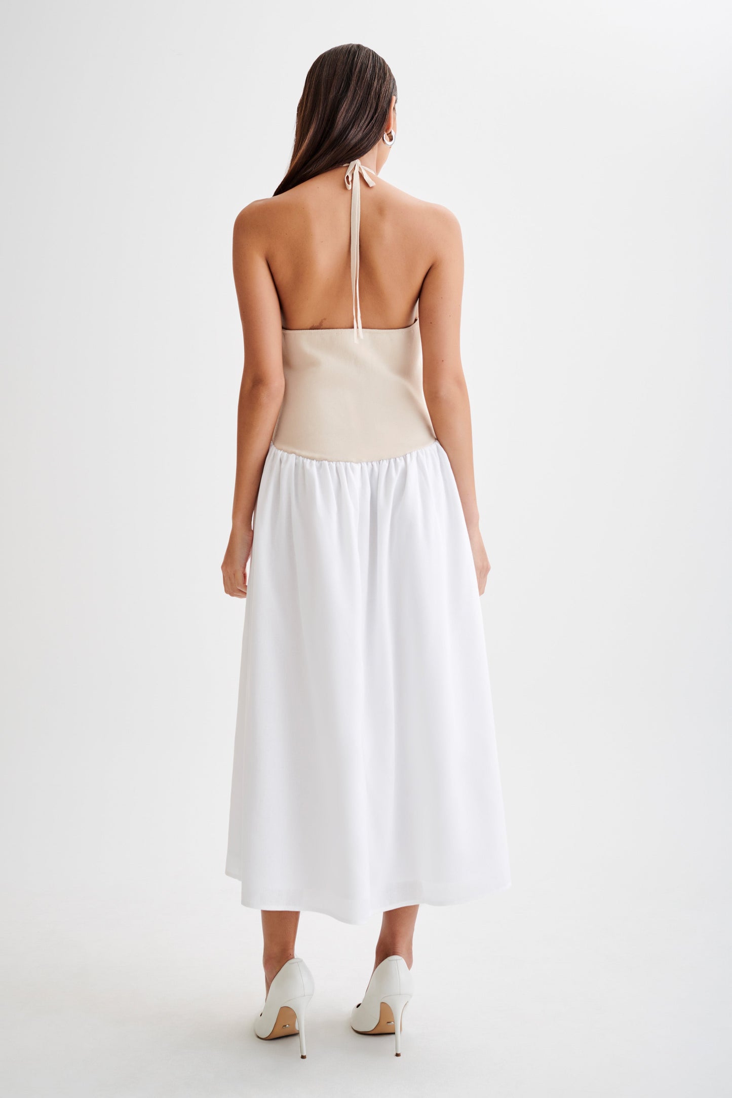 Robe midi en jersey et lin Katie - Naturel/Blanc