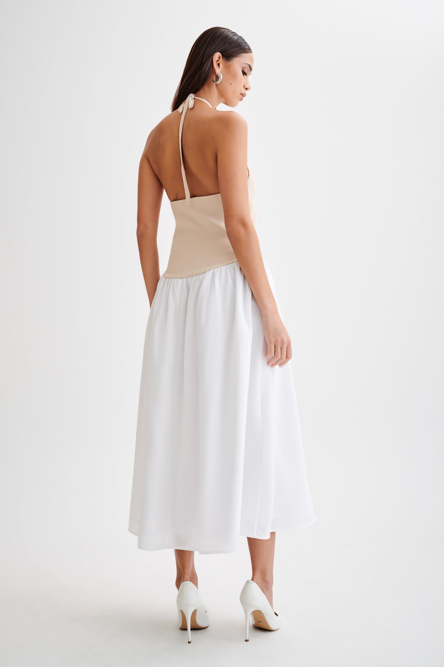 Robe midi en jersey et lin Katie - Naturel/Blanc