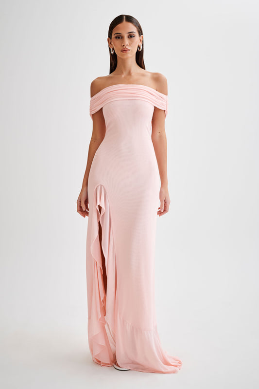 Audrey, robe maxi en maille à épaules dénudées - Rose pâle