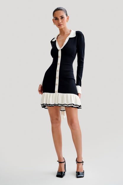 Pareesa Robe Mini à Volants et Contrastes - Noir