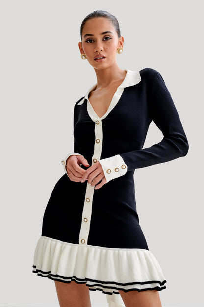 Pareesa Robe Mini à Volants et Contrastes - Noir