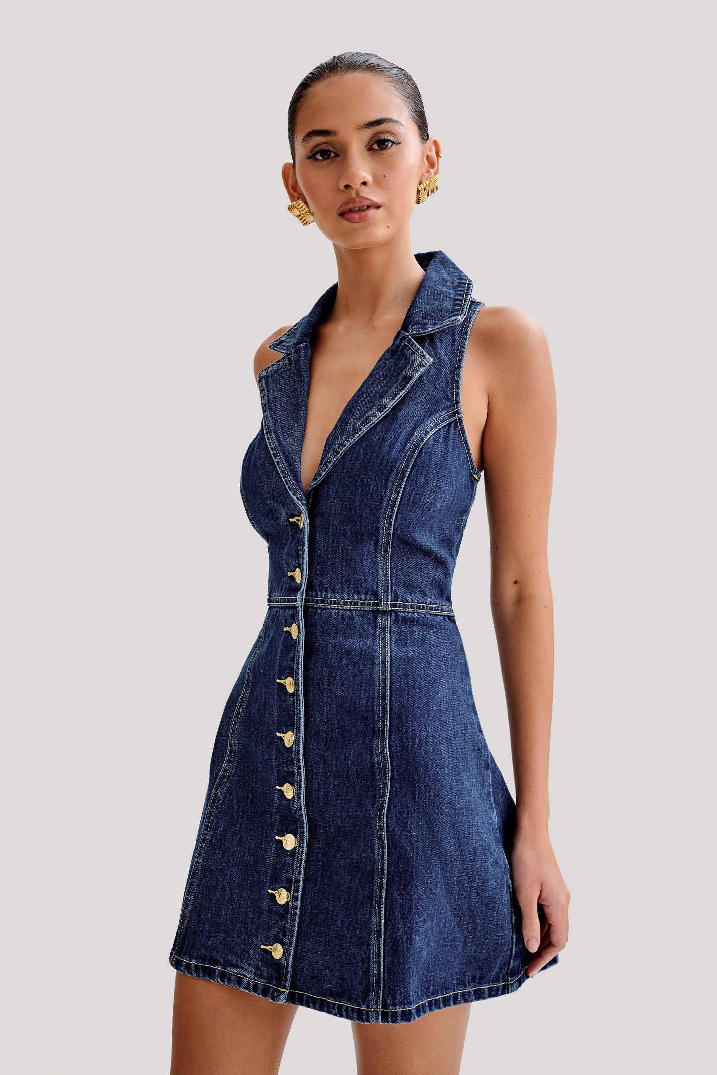 Mini-robe en jean à col montant Eugenie - Bleu foncé