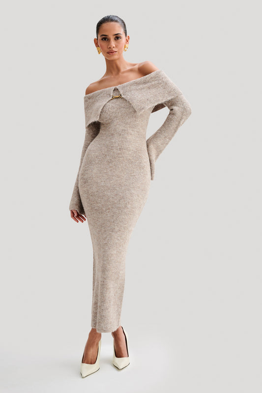 Robe mi-longue en tricot doux à épaules dénudées Baxter - Taupe Marle