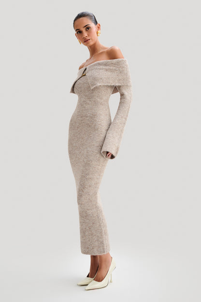 Robe mi-longue en tricot doux à épaules dénudées Baxter - Taupe Marle