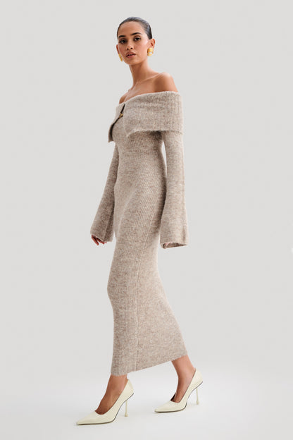 Robe mi-longue en tricot doux à épaules dénudées Baxter - Taupe Marle