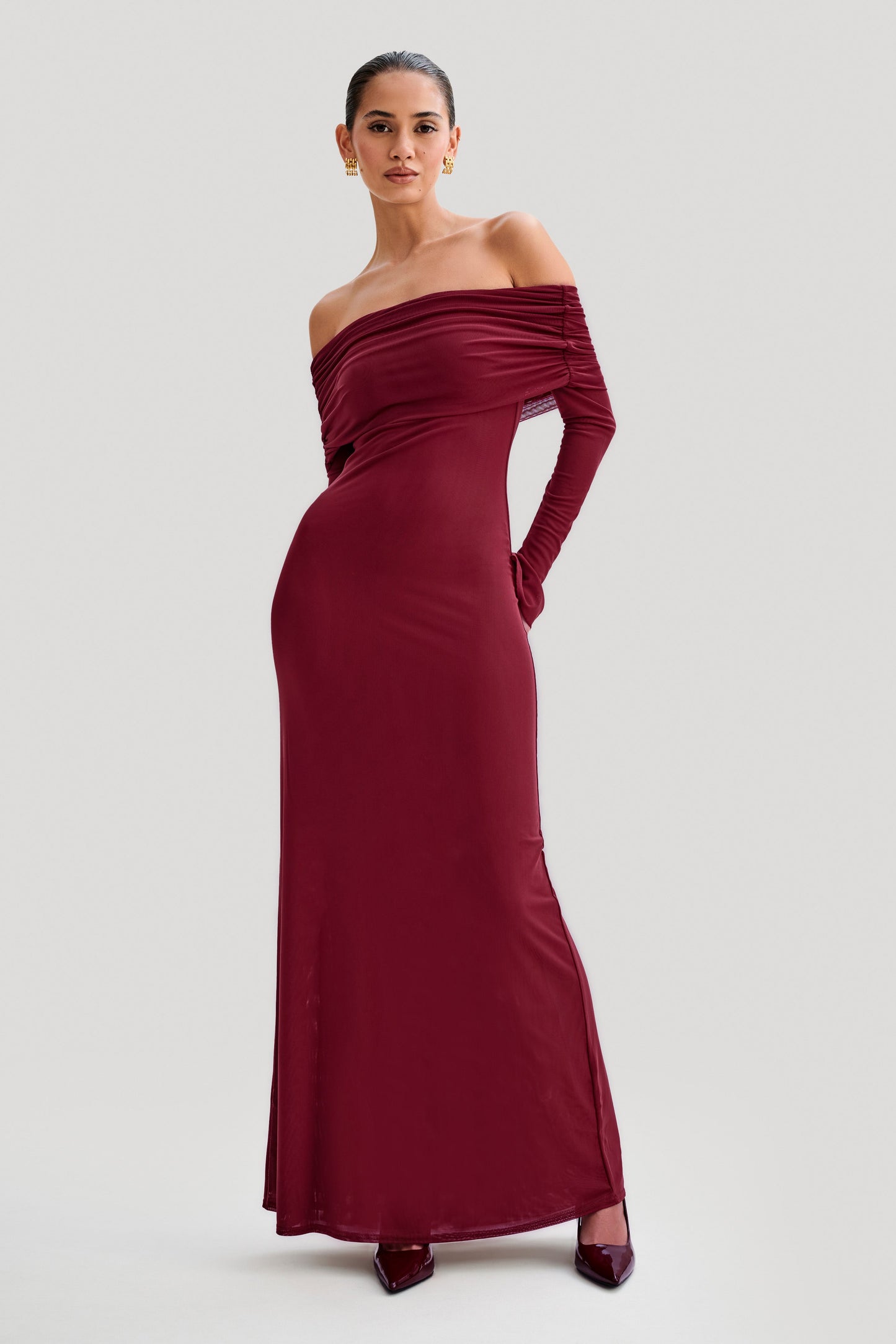 Jupe Maxi en Maille à Manches Décolletées Josie - Vin Rouge