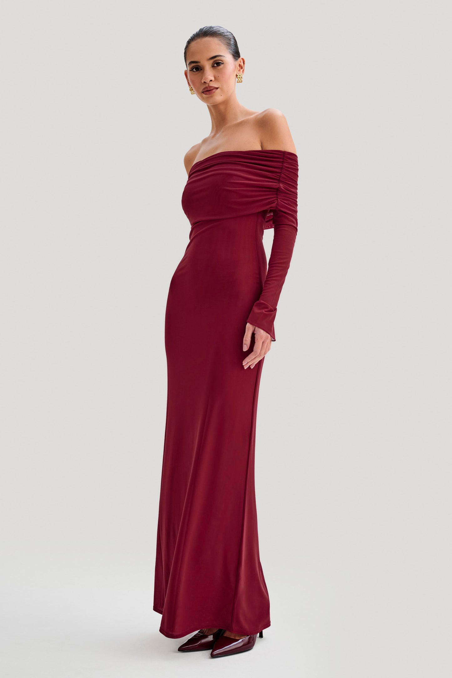 Jupe Maxi en Maille à Manches Décolletées Josie - Vin Rouge