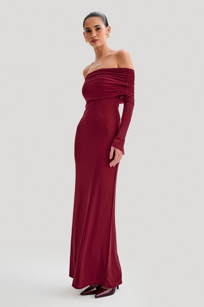 Jupe Maxi en Maille à Manches Décolletées Josie - Vin Rouge