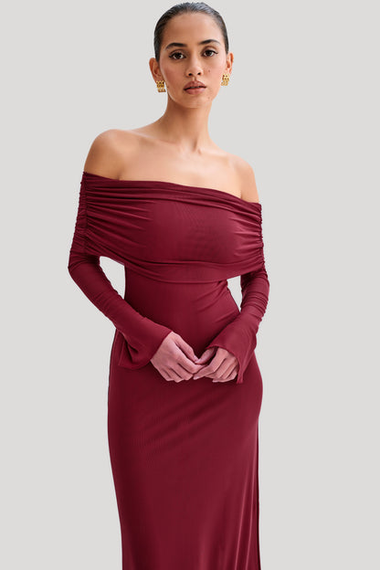 Jupe Maxi en Maille à Manches Décolletées Josie - Vin Rouge