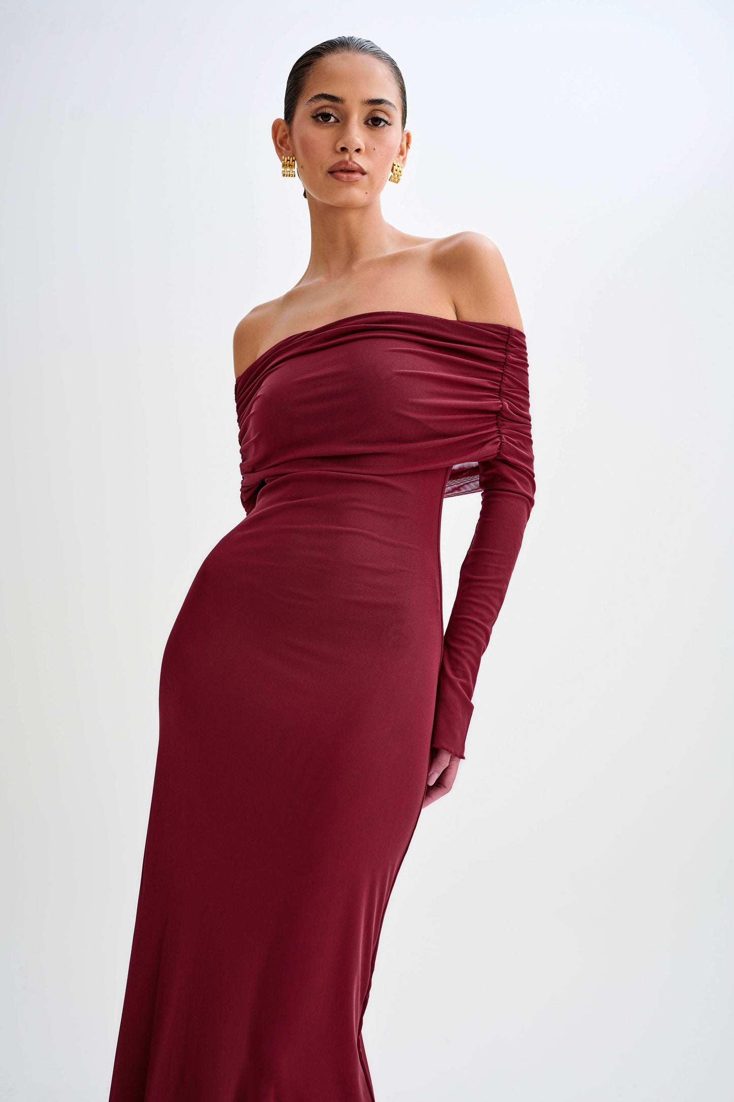 Jupe Maxi en Maille à Manches Décolletées Josie - Vin Rouge