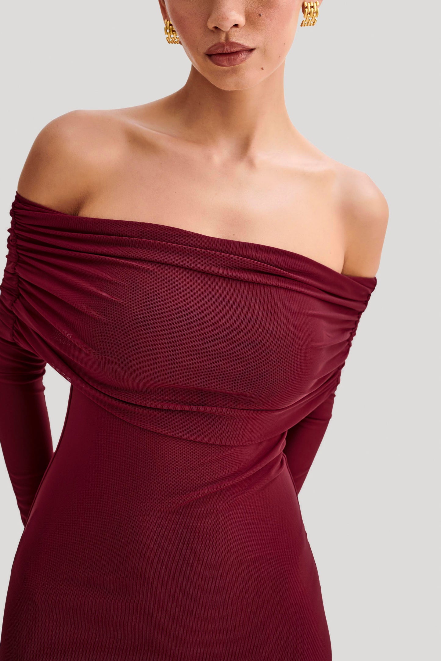 Jupe Maxi en Maille à Manches Décolletées Josie - Vin Rouge