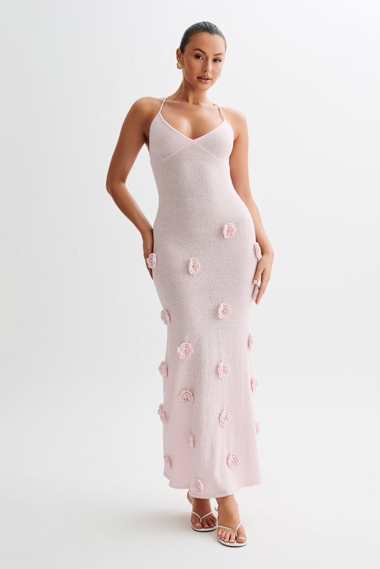 Robe Maxi Tricotée Suki avec Fleurs - Rose Poussière