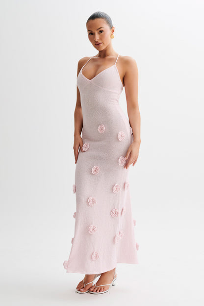 Robe Maxi Tricotée Suki avec Fleurs - Rose Poussière