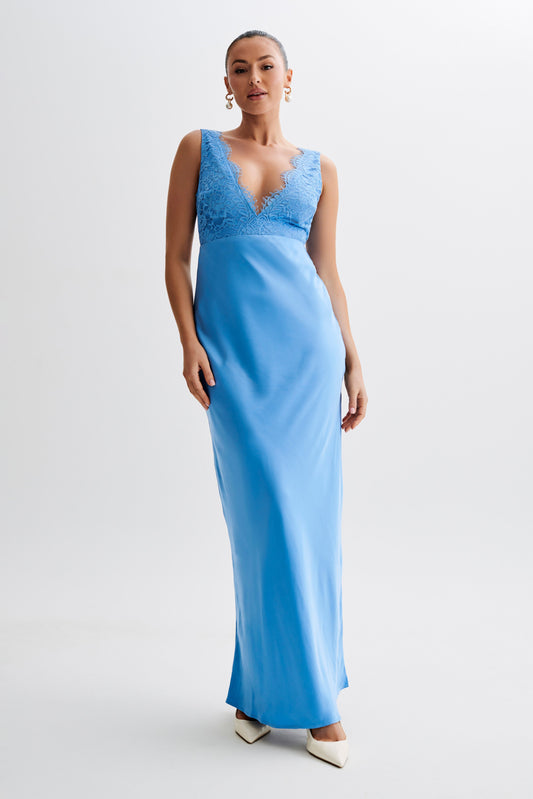 Robe Maxi en Satin et Dentelle Ricci - Bleu Iris
