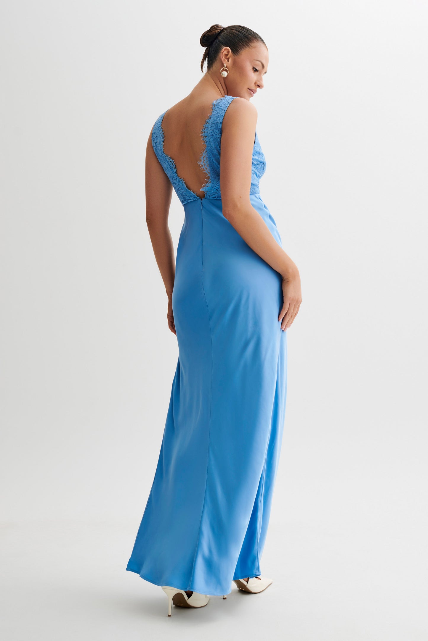 Robe Maxi en Satin et Dentelle Ricci - Bleu Iris