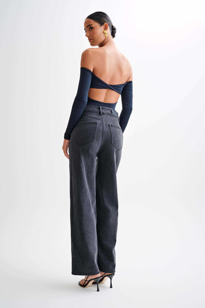 Body à manches longues en modal avec épaules dénudées Peta - Noir