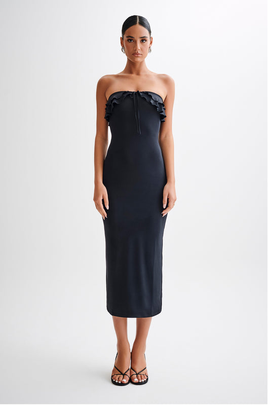 Robe midi en mousseline de soie à volants, sans bretelles, Bea - Noir
