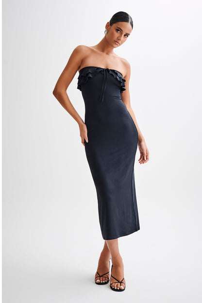 Robe midi en mousseline de soie à volants, sans bretelles, Bea - Noir