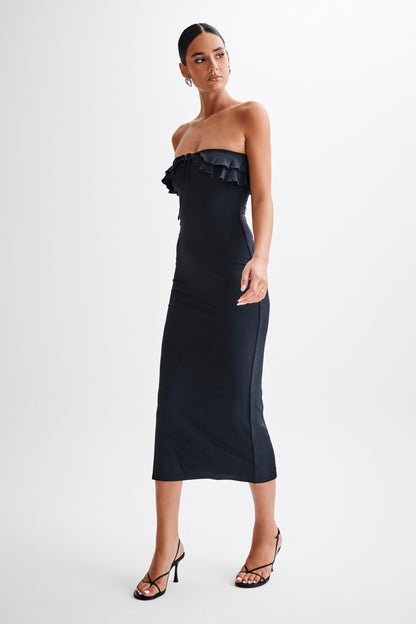 Robe midi en mousseline de soie à volants, sans bretelles, Bea - Noir