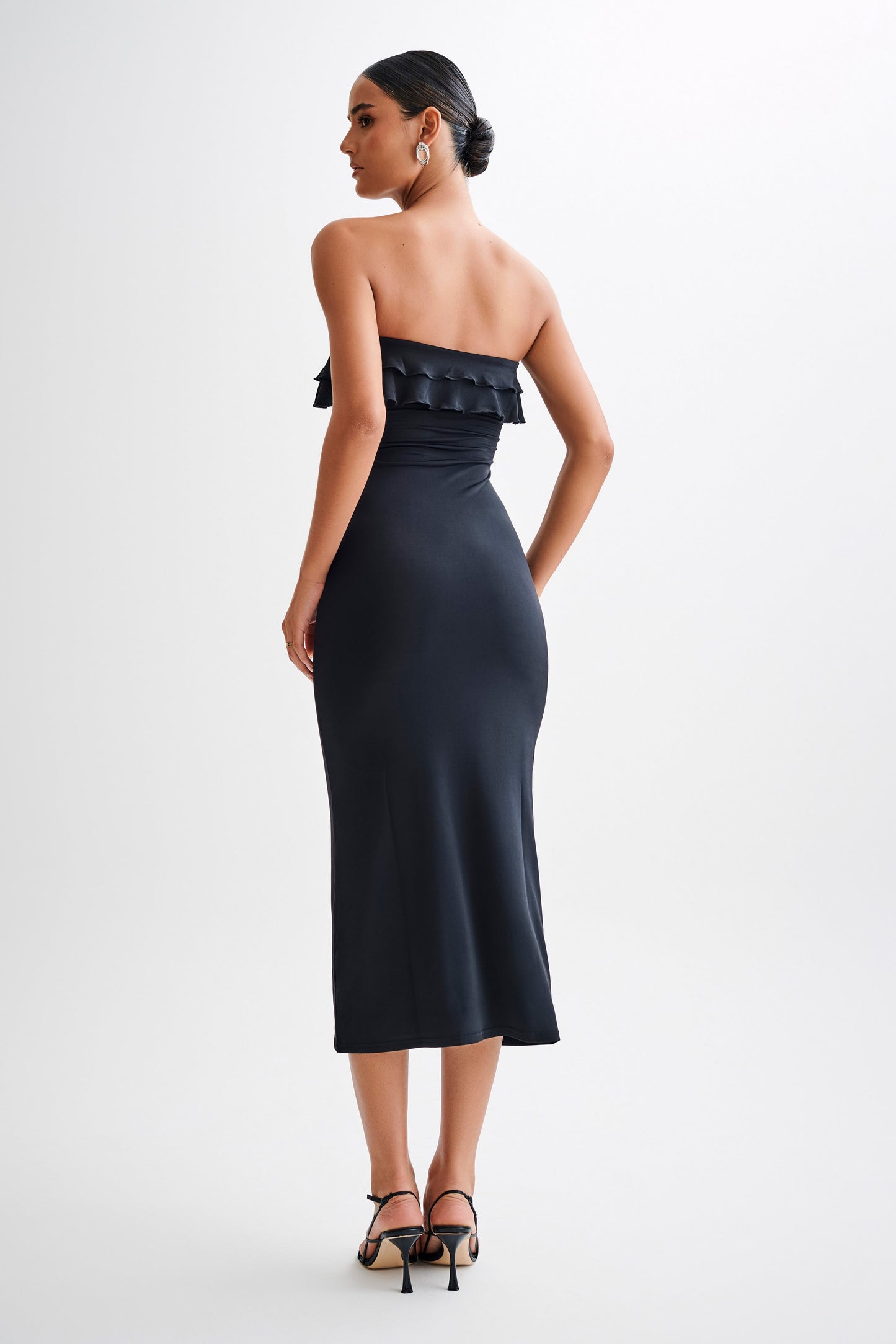 Robe midi en mousseline de soie à volants, sans bretelles, Bea - Noir