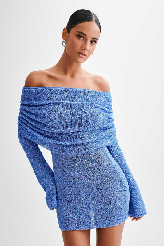 Marisol Robe Mini Boucle à épaules dénudées - Bleu pervenche