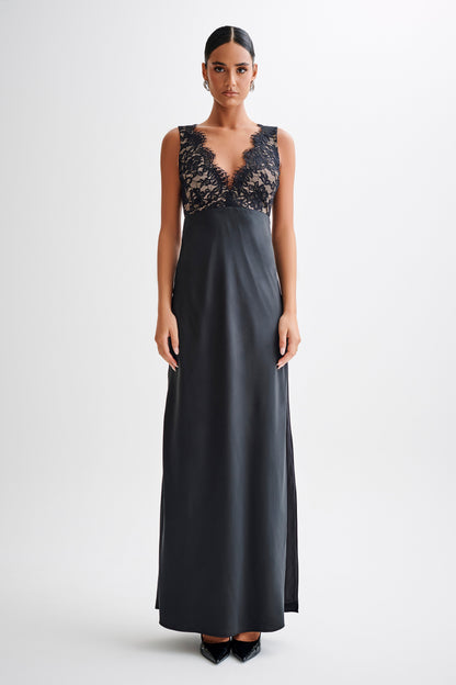Robe Maxi en Satin et Dentelle Ricci - Noir
