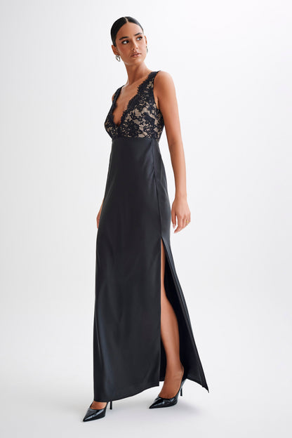 Robe Maxi en Satin et Dentelle Ricci - Noir