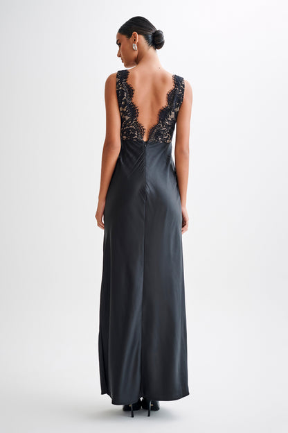 Robe Maxi en Satin et Dentelle Ricci - Noir