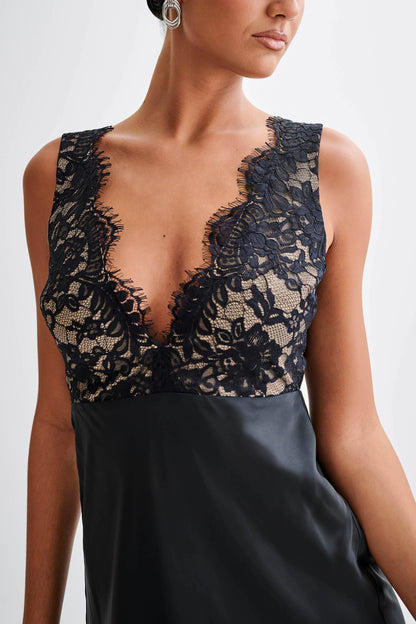 Robe Maxi en Satin et Dentelle Ricci - Noir