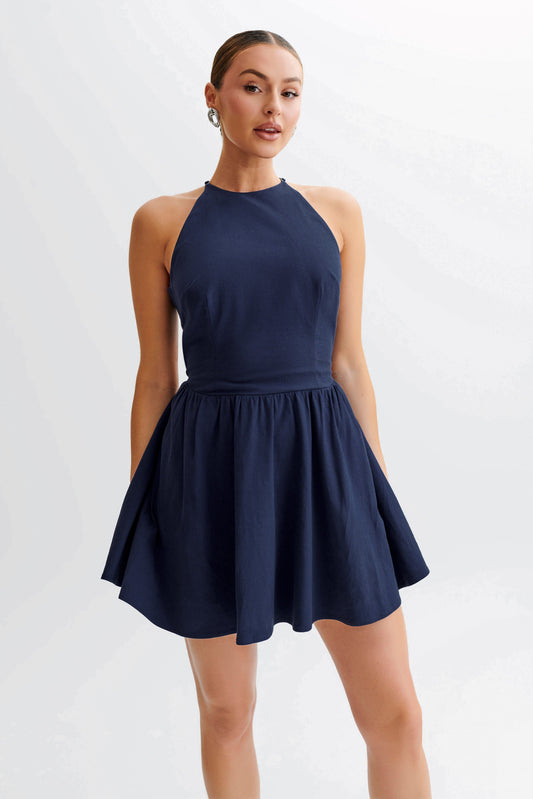Mini-robe Carolina en coton avec décolleté en halter - Bleu marine