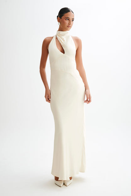 Robe Maxi Belladonna en Satin avec Décolleté Croisé - Ivoire