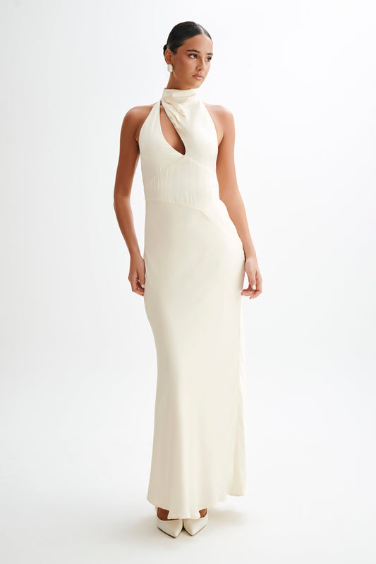Robe Maxi Belladonna en Satin avec Décolleté Croisé - Ivoire