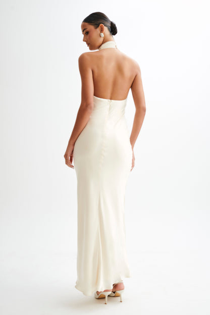 Robe Maxi Belladonna en Satin avec Décolleté Croisé - Ivoire