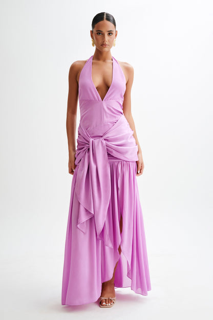 Robe Maxi Plunge en Satin et Chiffon Graziana - Violette