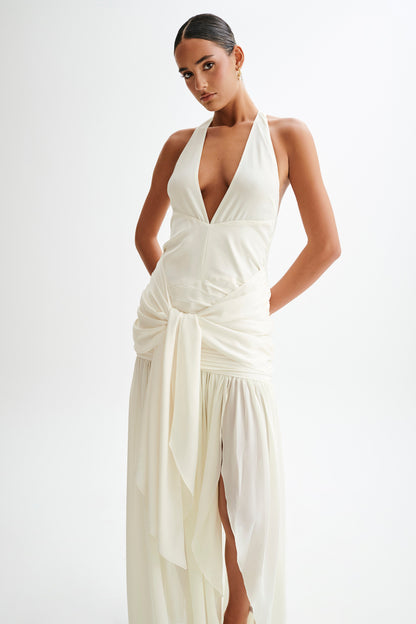 Robe Maxi en Satin et Chiffon à Décolleté Plongeant - Ivoire