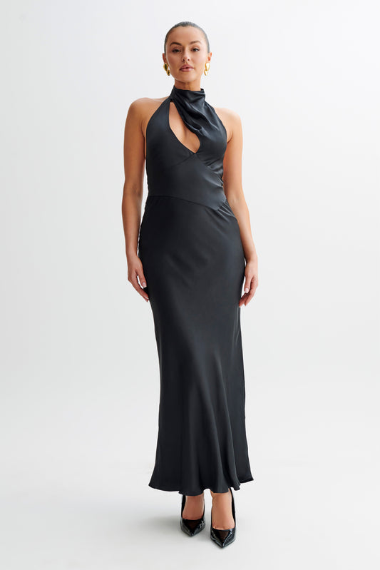 Robe Maxi Belladonna en Satin avec Décolleté Halter - Noir