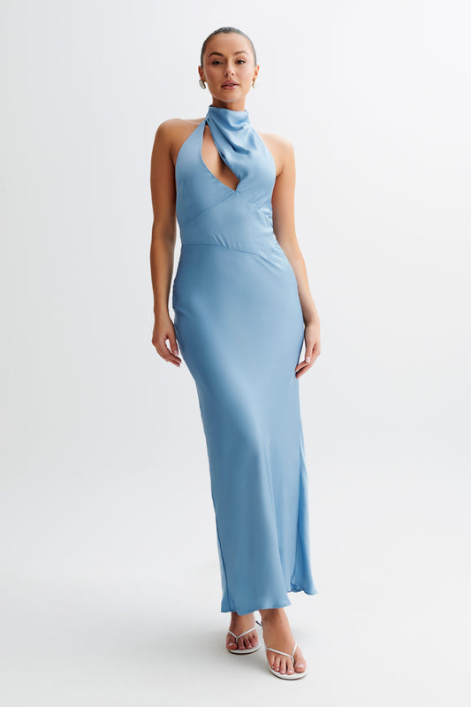 Robe Maxi Halter en Satin Belladonna - Bleu Iris