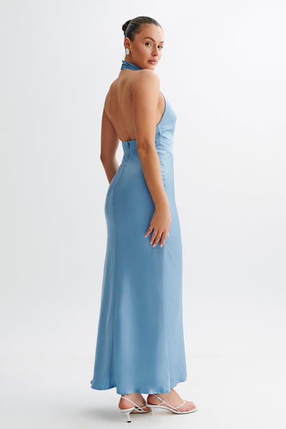 Robe Maxi Halter en Satin Belladonna - Bleu Iris