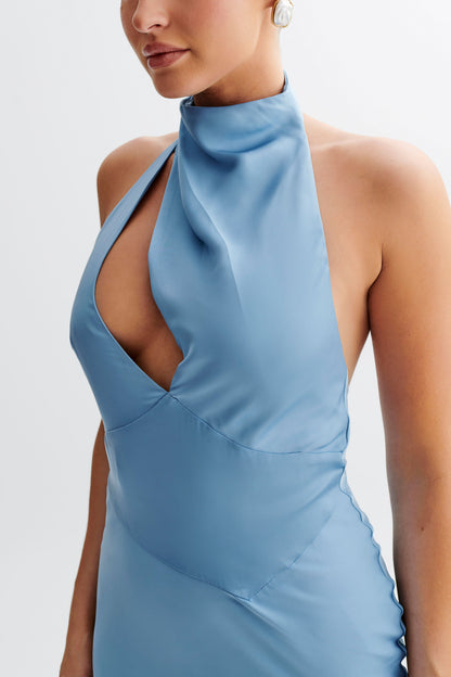 Robe Maxi Halter en Satin Belladonna - Bleu Iris