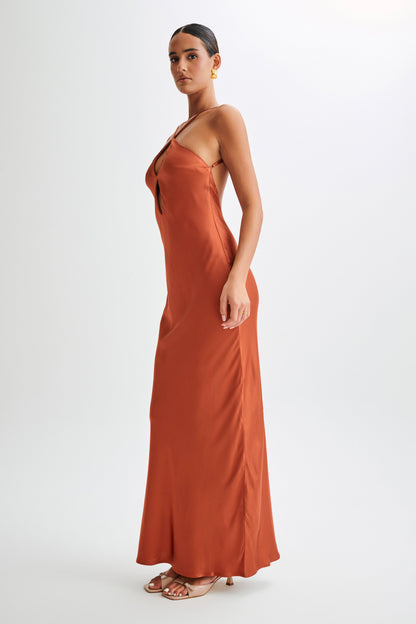 Robe longue en satin Lucia avec découpes - Orange brûlé