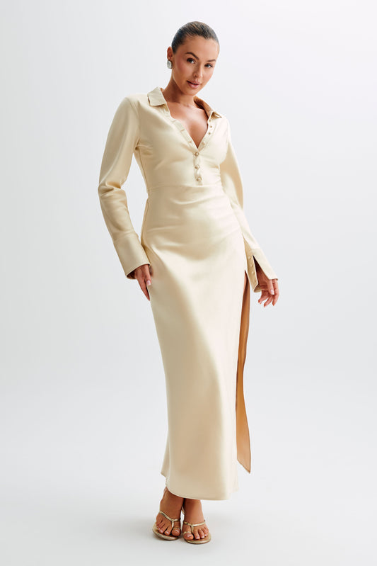Robe Maxi en Satin avec Col - Or