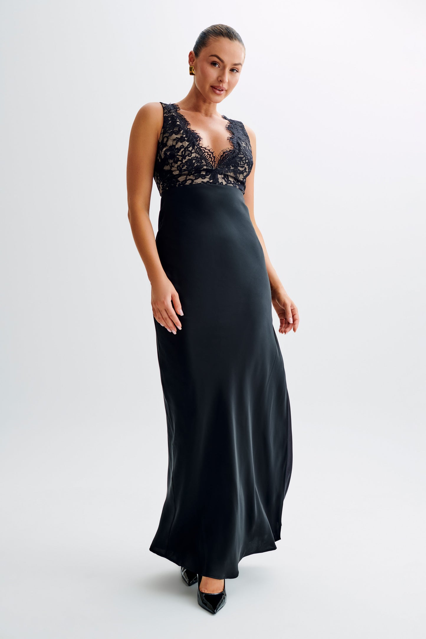 Robe Maxi en Satin et Dentelle Ricci - Noir