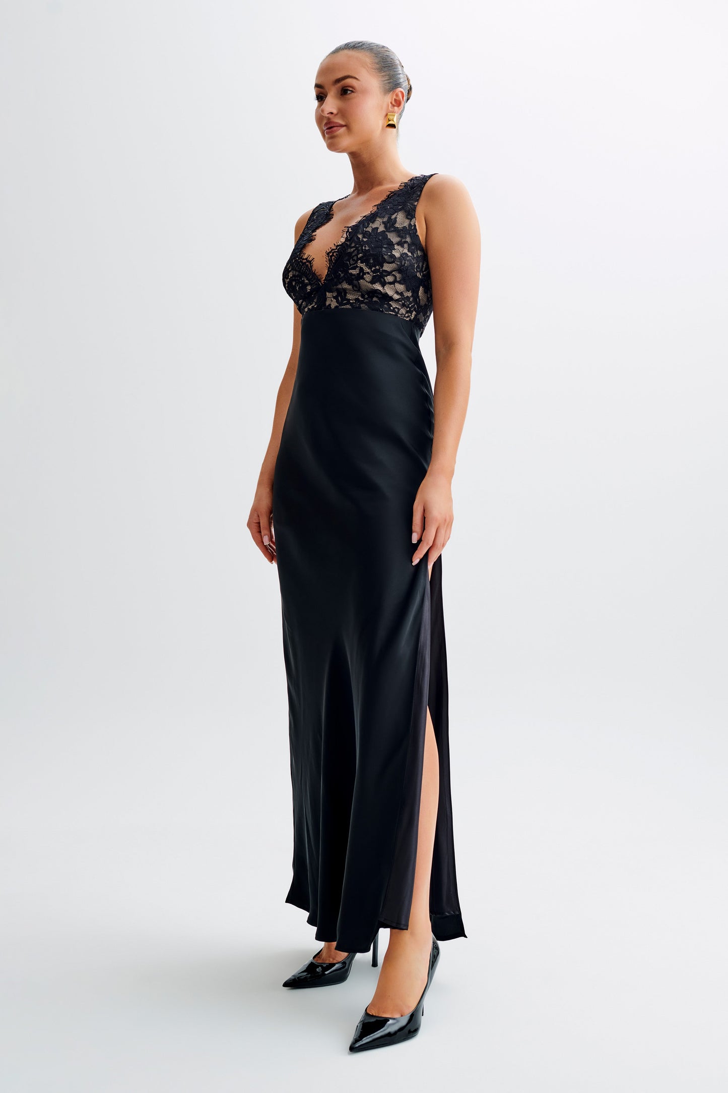 Robe Maxi en Satin et Dentelle Ricci - Noir