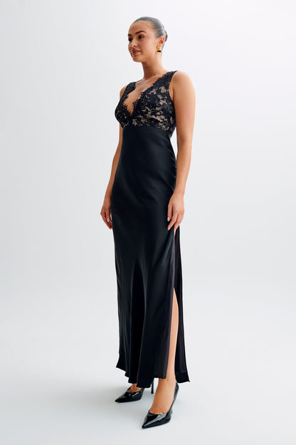 Robe Maxi en Satin et Dentelle Ricci - Noir