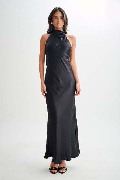 Robe longue satinée irisée à col montant Esther - Noir